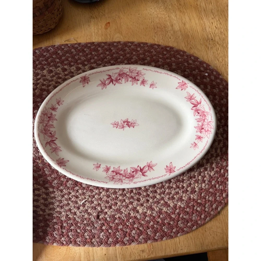 Shenango China Oval Platter Vintage Pink Leaf RimRol Cream Platter - Picture 1 of 4